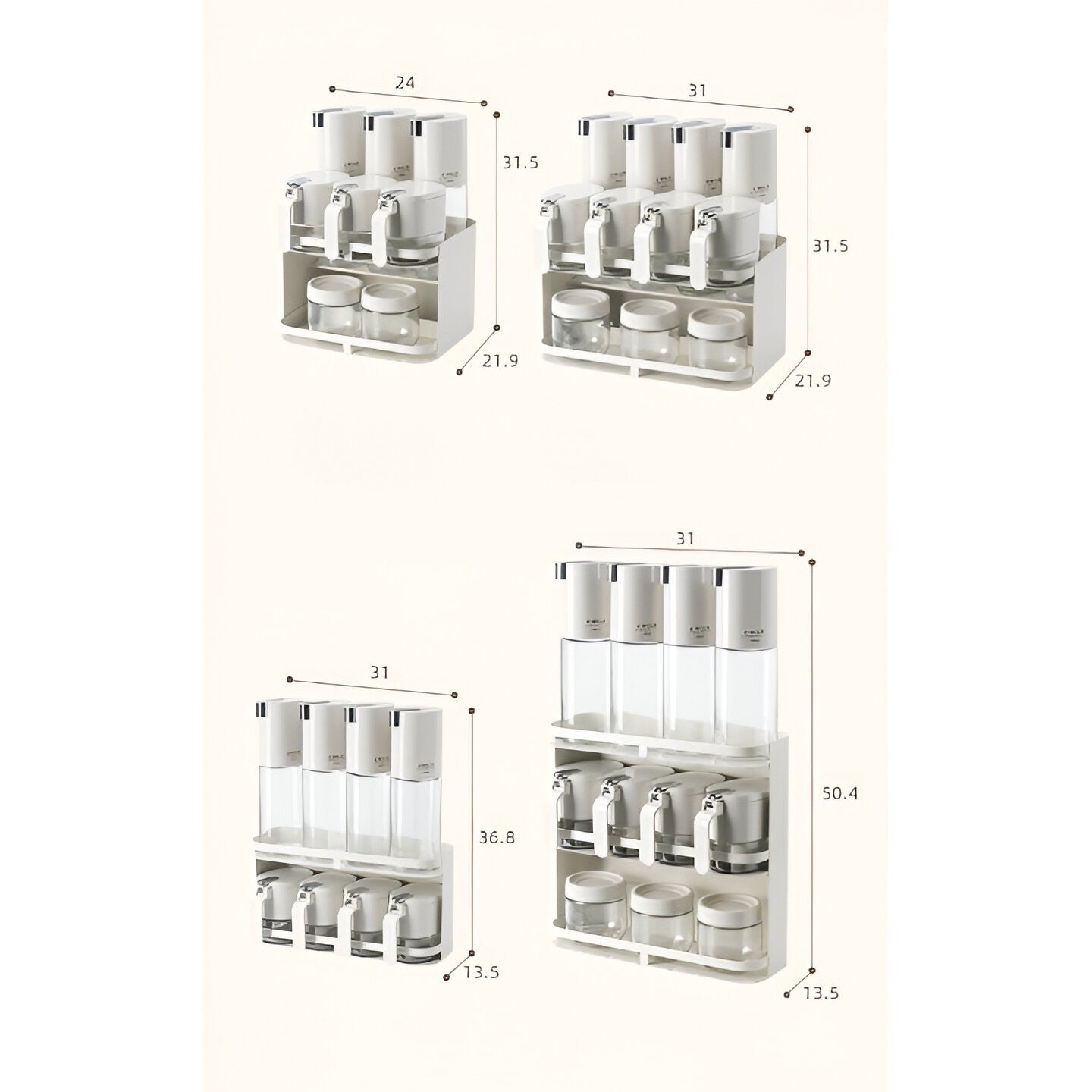 Suport Organizator Condimente și Recipiente Ulei, Montare pe Perete sau Blat, Set 9 Piese cu Cutiute Etanșe, Plastic Rezistent, 31x13.5x36.8cm, Alb