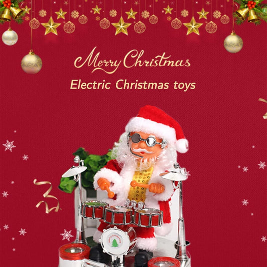 Moș Crăciun Interactiv cu Tobe, Decorațiune Animată care Cântă și Dansează, Figurina Muzicală Festivă, Material Textil și ABS, 20x17 cm, Roșu