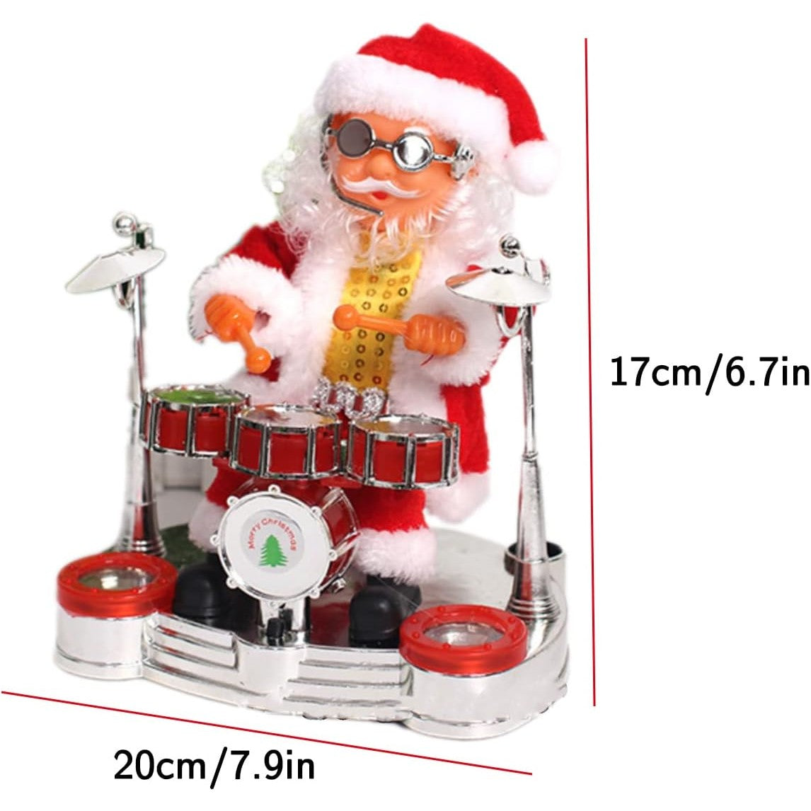 Moș Crăciun Interactiv cu Tobe, Decorațiune Animată care Cântă și Dansează, Figurina Muzicală Festivă, Material Textil și ABS, 20x17 cm, Roșu