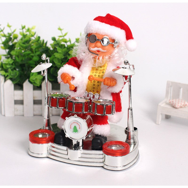 Moș Crăciun Interactiv cu Tobe, Decorațiune Animată care Cântă și Dansează, Figurina Muzicală Festivă, Material Textil și ABS, 20x17 cm, Roșu
