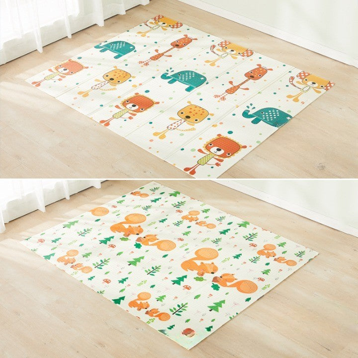 Covoras de Joaca pentru Copii, Termic si Impermeabil cu 2 Fete, Spuma XPE Antiderapanta, Model Veverite si Elefanti, Multicolor, 200 x 180 x 1 cm