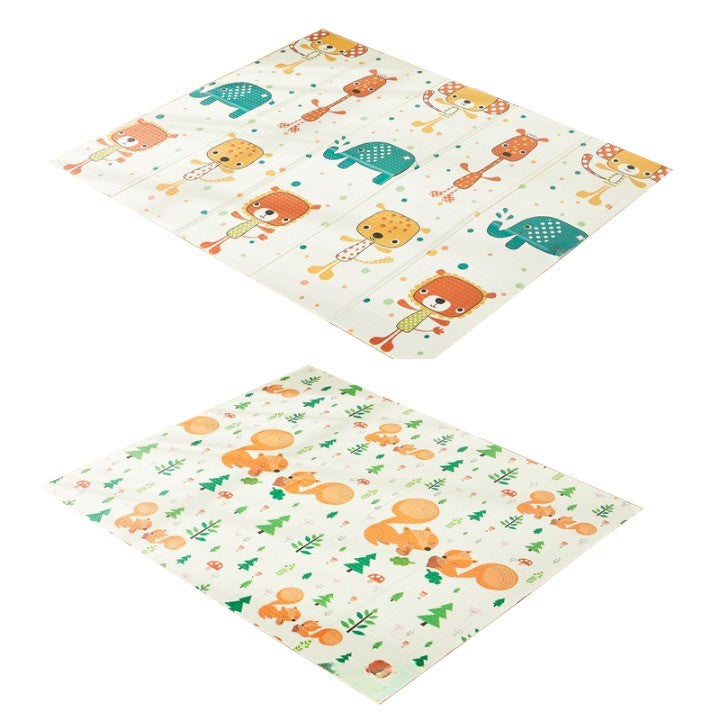 Covoras de Joaca pentru Copii, Termic si Impermeabil cu 2 Fete, Spuma XPE Antiderapanta, Model Veverite si Elefanti, Multicolor, 200 x 180 x 1 cm