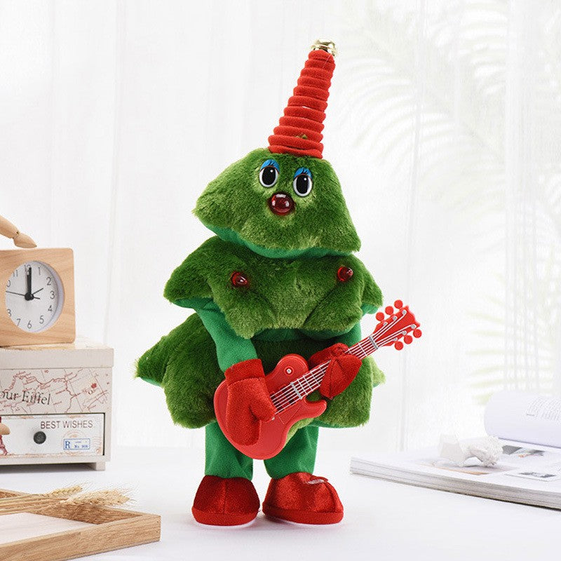 Bradut de Craciun Dansator si Cantaret, Jucarie Interactiva cu Lumini si Muzica, Decoratiune Textila cu Chitara, 25 cm, Verde