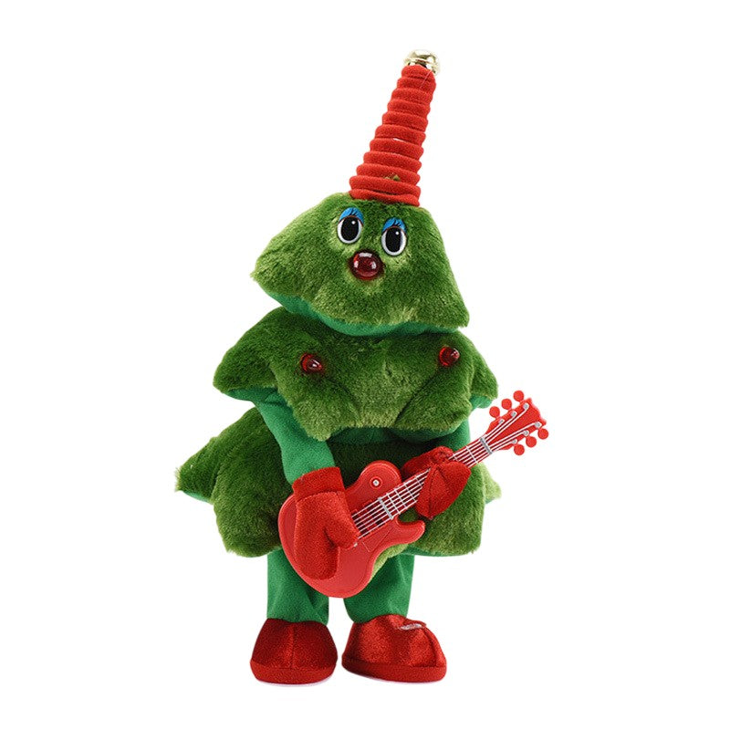 Bradut de Craciun Dansator si Cantaret, Jucarie Interactiva cu Lumini si Muzica, Decoratiune Textila cu Chitara, 25 cm, Verde