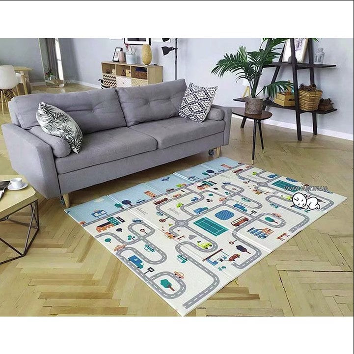 Covoras de Joaca pentru Copii, Termic si Reversibil, Model Vulpi si Pista Masini, Spuma XPE Impermeabila si Antiderapanta, Protectie Socuri, 200 x 180 x 0.8 cm