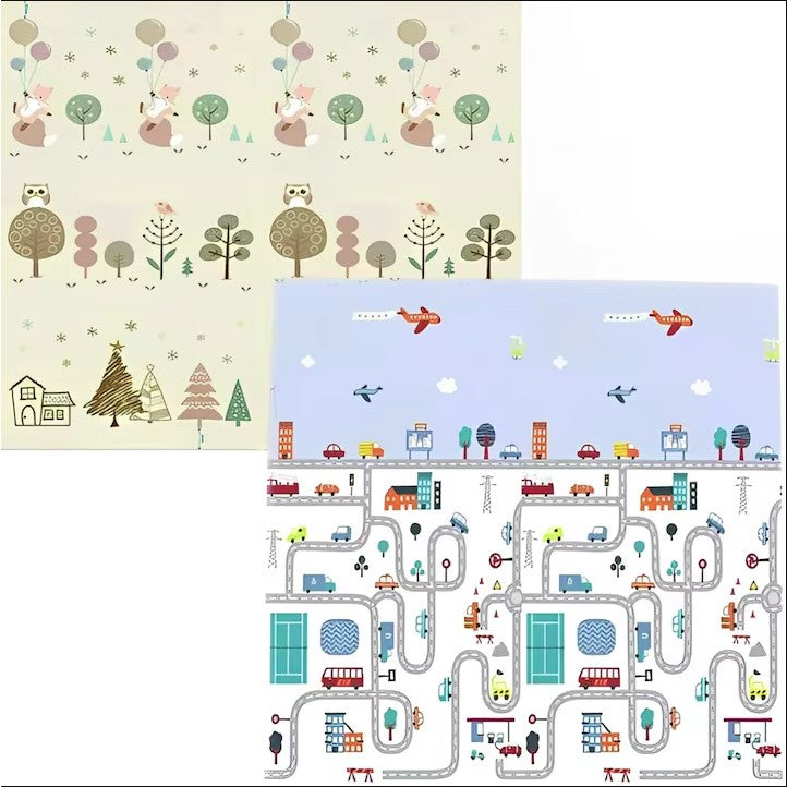 Covoras de Joaca pentru Copii, Termic si Reversibil, Model Vulpi si Pista Masini, Spuma XPE Impermeabila si Antiderapanta, Protectie Socuri, 200 x 180 x 0.8 cm