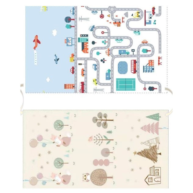 Covoras de Joaca pentru Copii, Termic si Reversibil, Model Vulpi si Pista Masini, Spuma XPE Impermeabila si Antiderapanta, Protectie Socuri, 200 x 180 x 0.8 cm