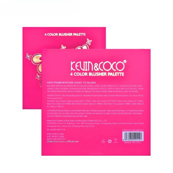 Kevin&Coco Paleta de Blush Stay Wild, Fard de Obraz Pigmentat, 4 Culori, 12.2 x 12.2 x 0.9 cm