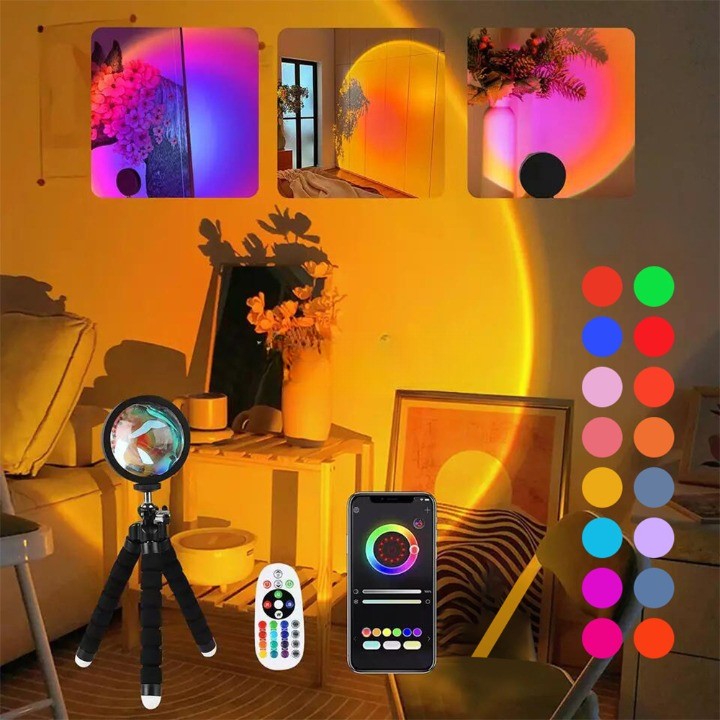 Lampa LED Proiector Apus de Soare, Sunset Lamp RGB cu 16 Culori, Rotire 360 Grade, Telecomanda si Intensitate Reglabila, Alimentare USB, Material ABS, 26x12 cm, Negru