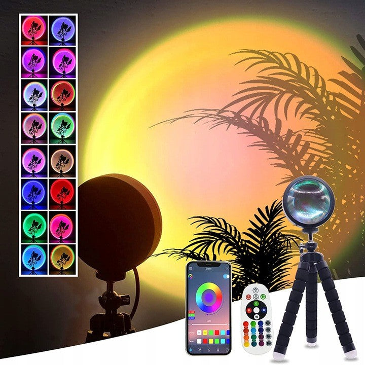 Lampa LED Proiector Apus de Soare, Sunset Lamp RGB cu 16 Culori, Rotire 360 Grade, Telecomanda si Intensitate Reglabila, Alimentare USB, Material ABS, 26x12 cm, Negru