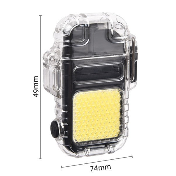 Lanternă Tip Breloc cu Brichetă Electrică, Tehnologie COB, 3 Moduri Iluminare, Rezistență IP65 la Apă, Încărcare USB-C, Acumulator 300 mAh, ABS și Aliaj Zinc, 7.4 x 4.9 x 1.7 cm, Gri