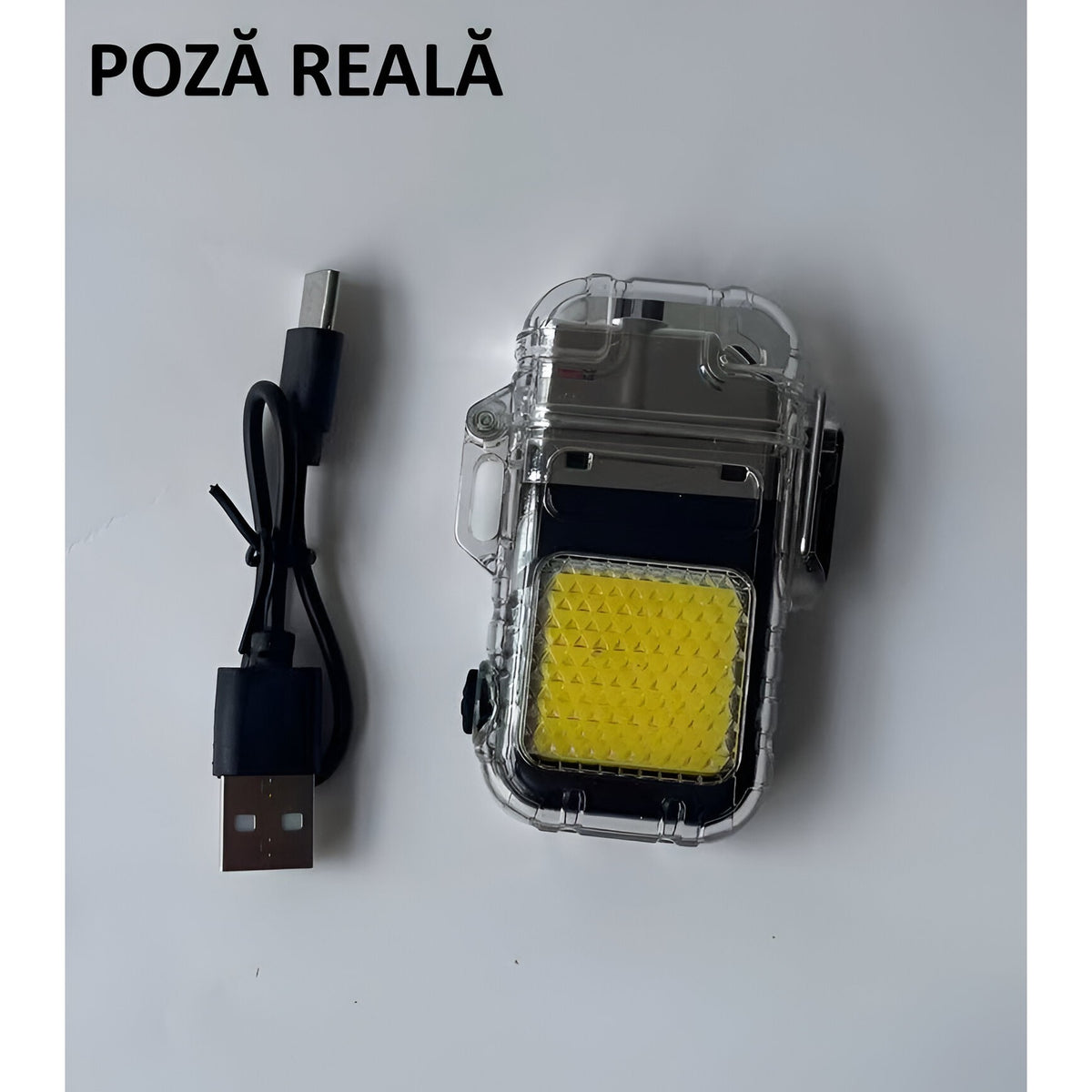 Lanternă Tip Breloc cu Brichetă Electrică, Tehnologie COB, 3 Moduri Iluminare, Rezistență IP65 la Apă, Încărcare USB-C, Acumulator 300 mAh, ABS și Aliaj Zinc, 7.4 x 4.9 x 1.7 cm, Gri