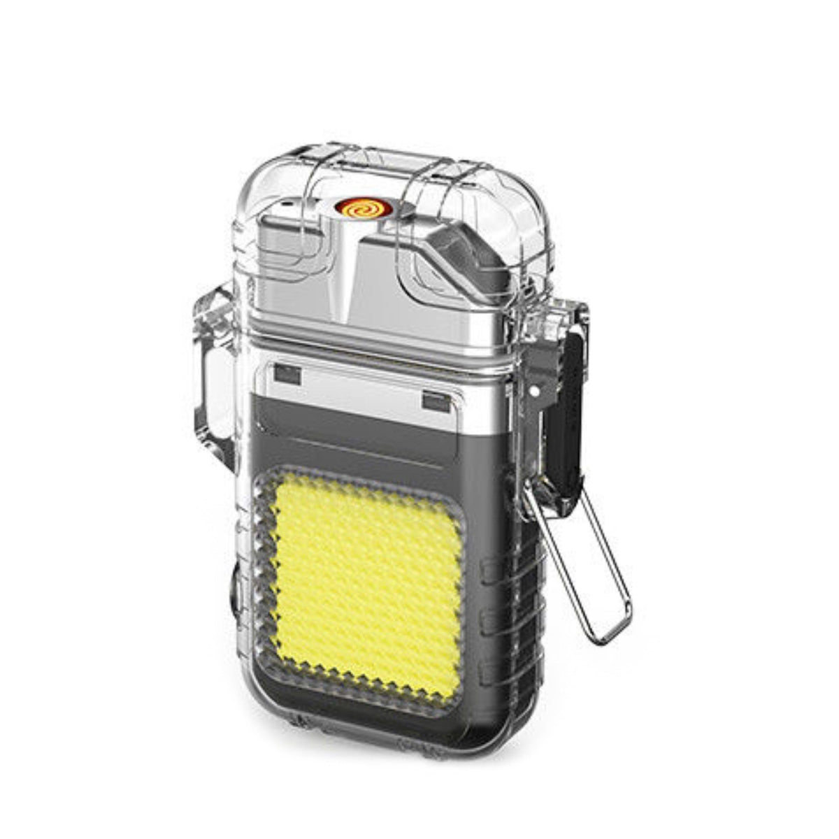Lanternă Tip Breloc cu Brichetă Electrică, Tehnologie COB, 3 Moduri Iluminare, Rezistență IP65 la Apă, Încărcare USB-C, Acumulator 300 mAh, ABS și Aliaj Zinc, 7.4 x 4.9 x 1.7 cm, Gri