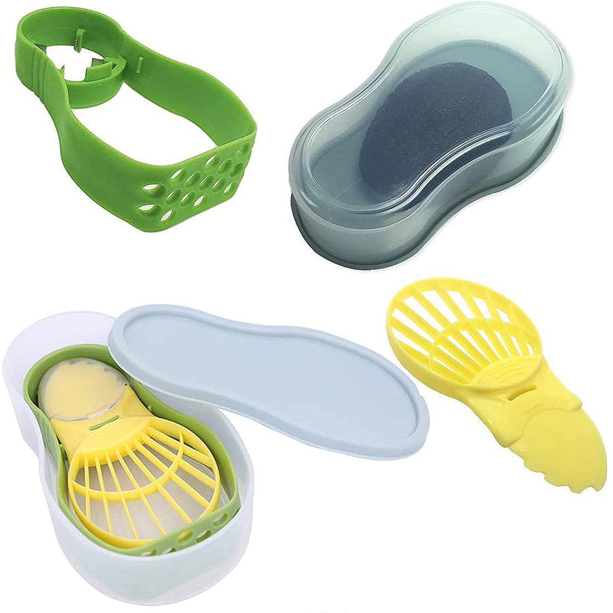 Set Multifuncțional 5în1 pentru Avocado, Dispozitiv de Tăiat, Curățat, Feliat și Recipient de Depozitare Etanș pentru Frigider, Plastic Alimentar, 14x4x7 cm, Verde