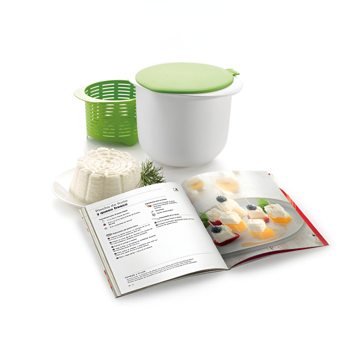 Cheese Maker Recipient Pentru Preparat Branza De Casa, Set Preparare Branza Proaspata Cu Strecuratoare Si Capac Silicon, Plastic Fara BPA, 17x14.5x12.8 cm, Alb