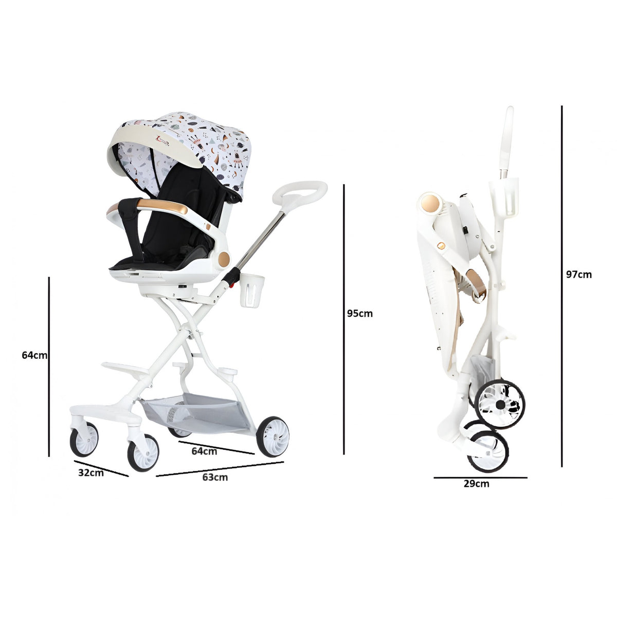 Carucior Sport 3 in 1, Scaun Reversibil cu Pozitie de Somn, Pliabil, Cadru Aluminiu, 6-36 Luni, Roti Pivotante 360, Tavita Masa si Suport Pahar, 32x63x95 cm, Bej Model Cosmos