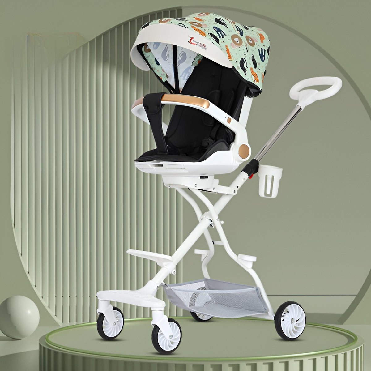 Carucior Sport 3in1 Reversibil, Pliabil cu Pozitie de Somn, Tavita Masa si Suport Pahar, Cadru Aluminiu, 6-36 Luni, 32x63x95 cm, Verde Model Jungla
