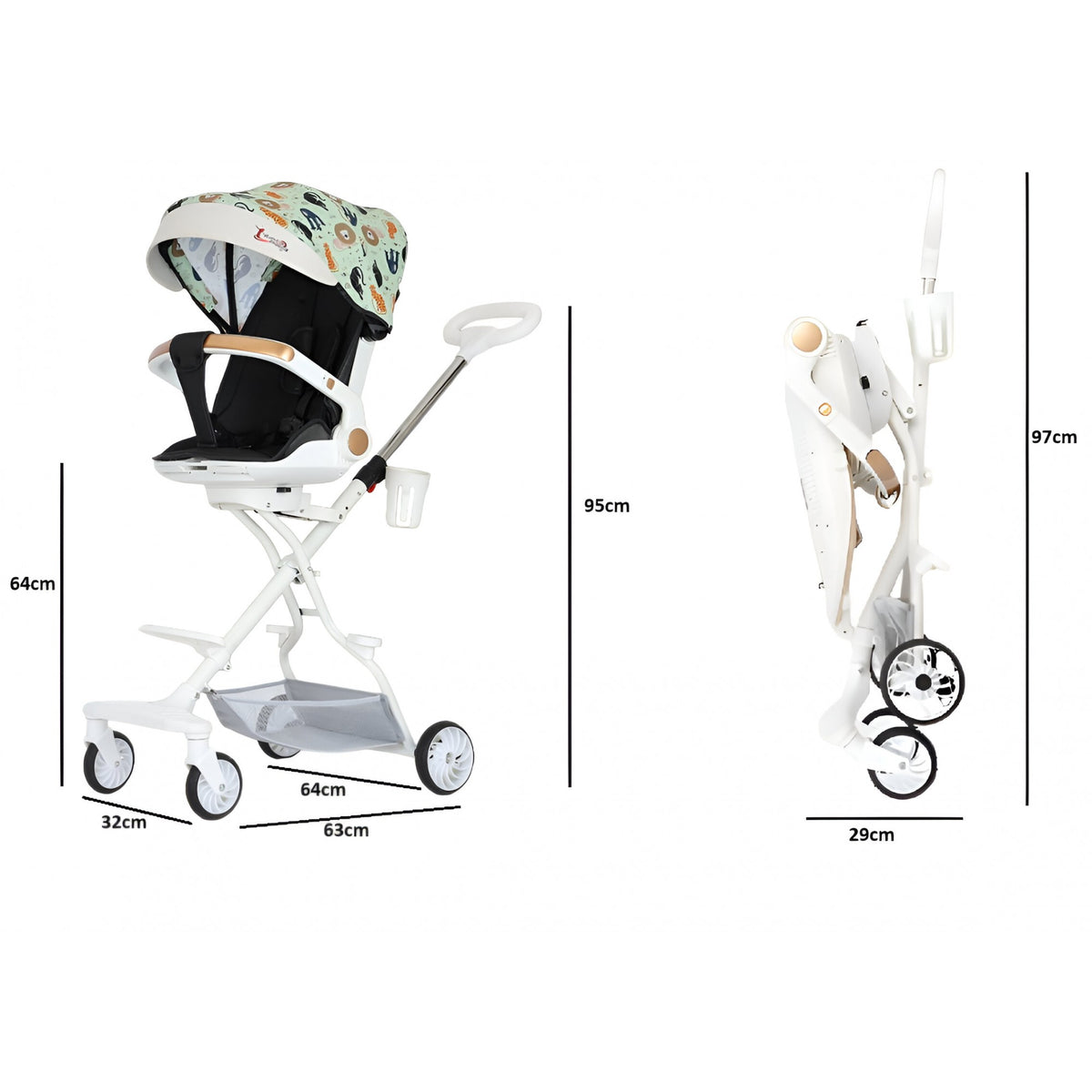 Carucior Sport 3in1 Reversibil, Pliabil cu Pozitie de Somn, Tavita Masa si Suport Pahar, Cadru Aluminiu, 6-36 Luni, 32x63x95 cm, Verde Model Jungla