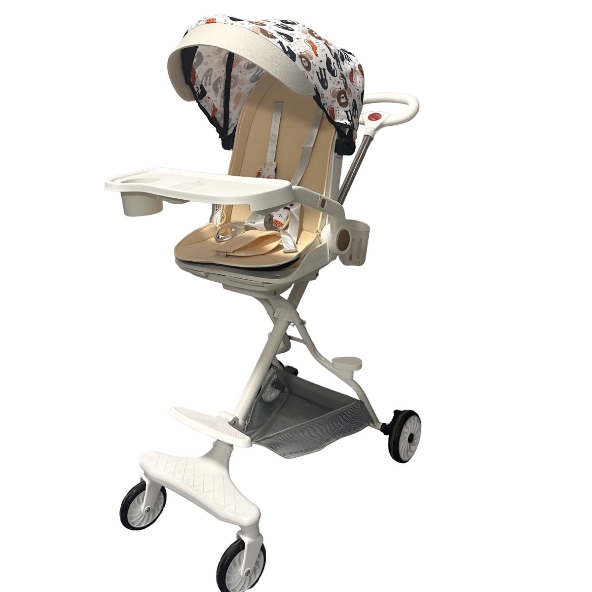 Carucior Sport 3in1 Reversibil, Pliabil cu Pozitie de Somn, Tavita Masa si Suport Pahar, Cadru Aluminiu, 6-36 Luni, 32x63x95cm, Crem Model Jungla