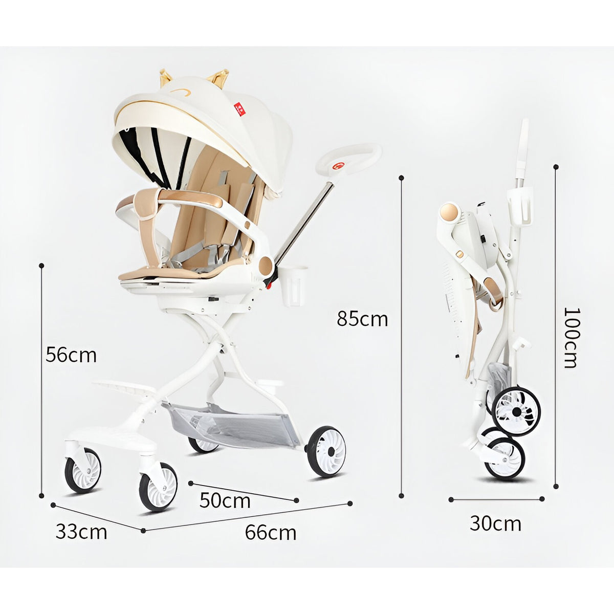 Carucior Sport 3 in 1, Scaun Reversibil si Pozitie de Somn, Pliabil, Tavita Detasabila si Suport Pahar, Cadru Aluminiu, 6-36 Luni, 33x66x85 cm, Alb Model Pisica