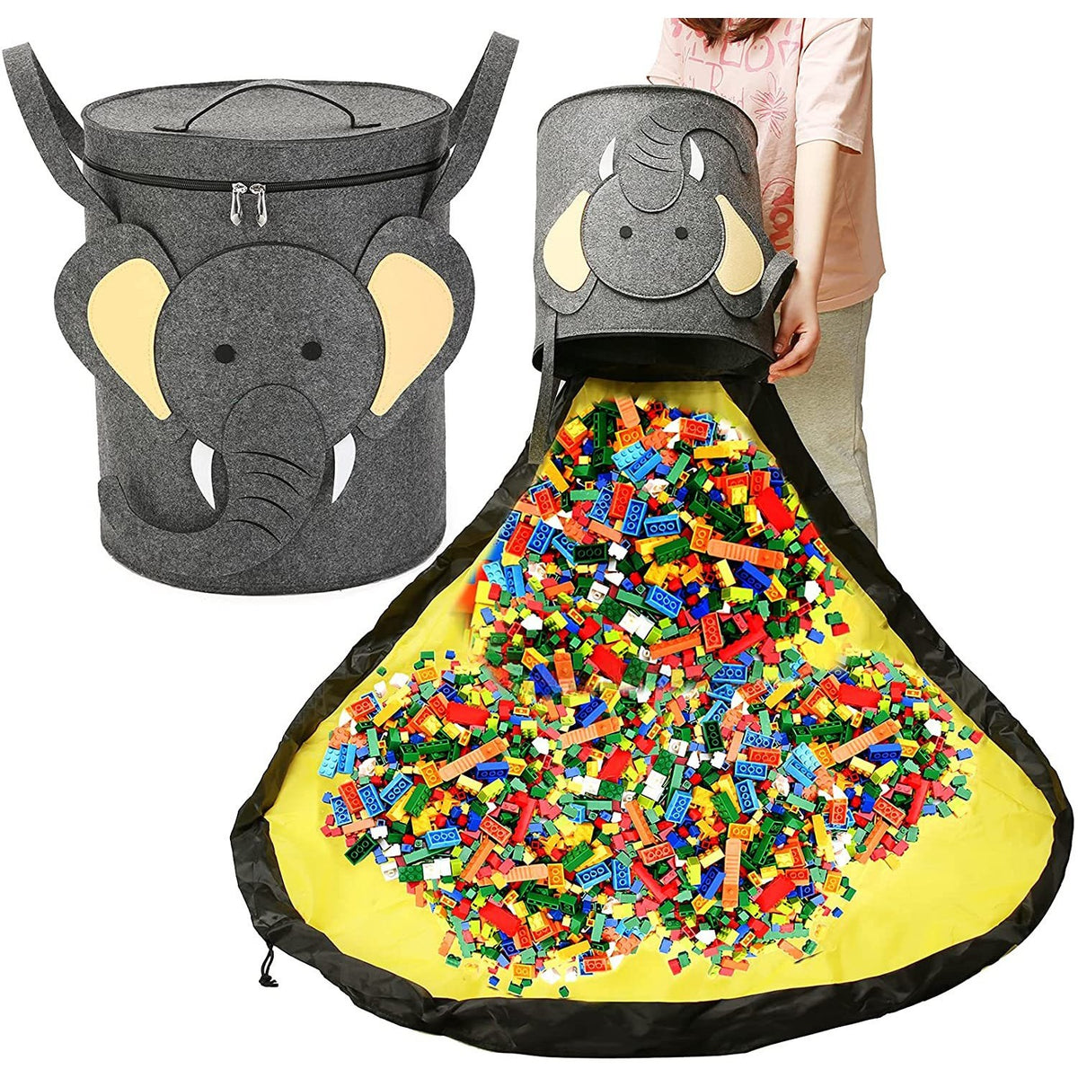 Cutie Depozitare Jucarii si Lego 2 in 1 cu Covoras de Joaca Integrat, Impermeabila, Organizator Tip Sac cu Manere si Sfori, Poliester, 150 cm, Gri/Verde, 20 L