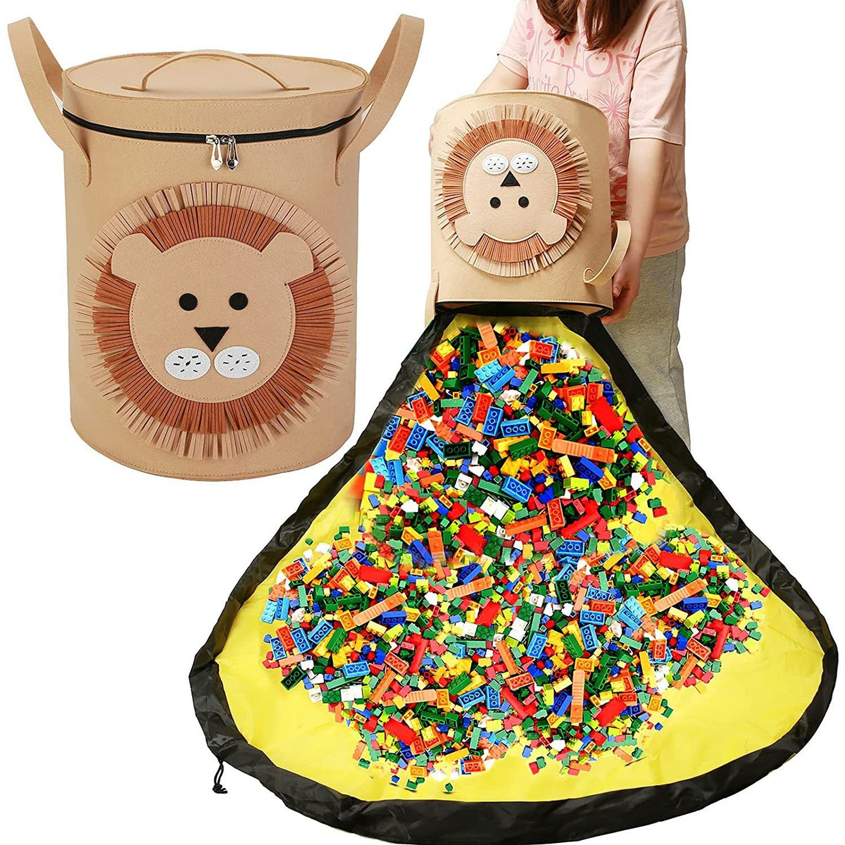 Cutie Depozitare Jucarii si Lego 2 In 1, Coș cu Covor de Joaca Detasabil, Poliester Impermeabil, Diametru 150 cm, Inaltime 40 cm, Model Leu, Maro/Verde