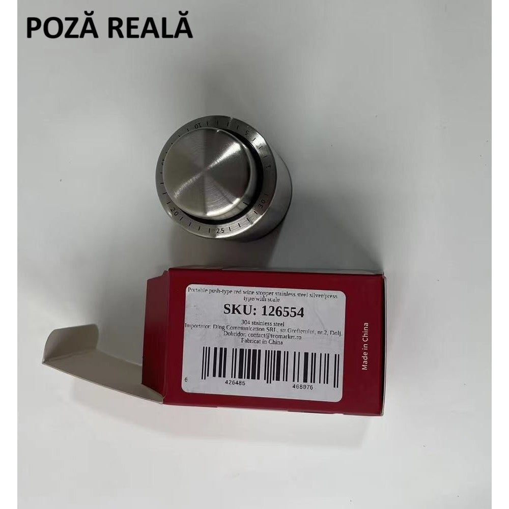 Dop de Etansare si Vidare pentru Sticle de Vin si Sampanie, Pompa Vacuum cu Selector de Data, Reutilizabil, Plastic si Silicon, 4.5 x 4.5 x 8 cm, Gri