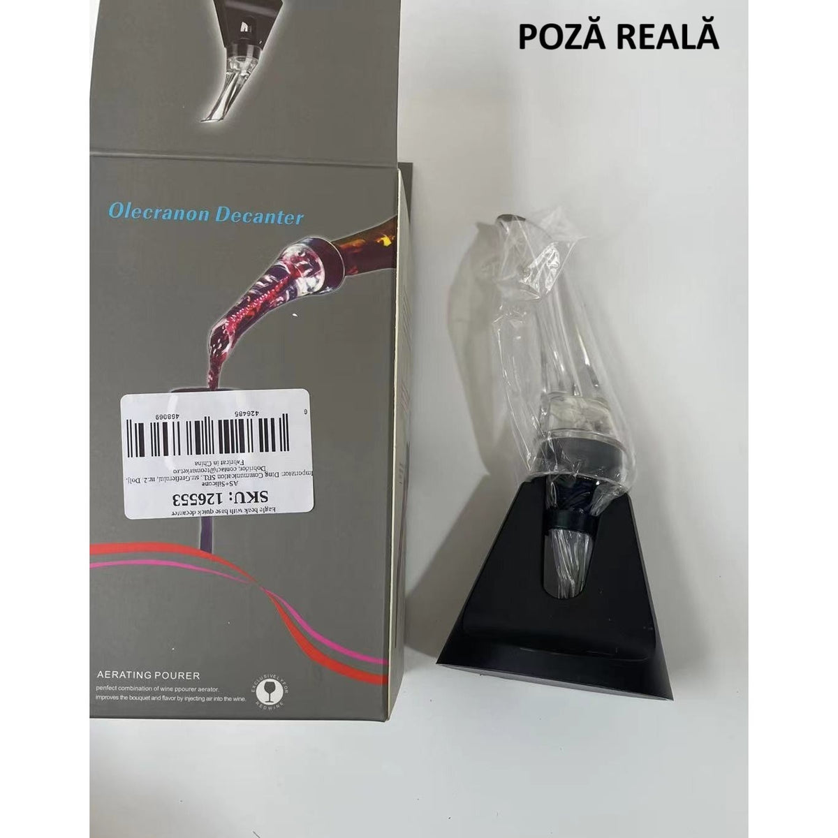 Aerator si Turnator de Vin 2in1, Decantor Instant cu Sistem de Aerare, Dispozitiv Anti-Picurare Fara Scurgere, Acril si Silicon, 18x10x8 cm, Negru