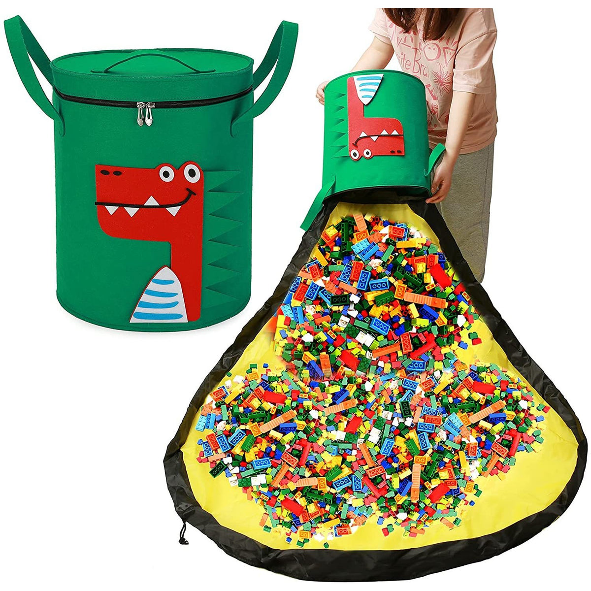 Cutie Depozitare Jucarii si Lego 2In1, Cos cu Covor de Joaca Detasabil, Impermeabila, cu Manere si Sfori, Poliester, 150 cm, Model Crocodil, Verde
