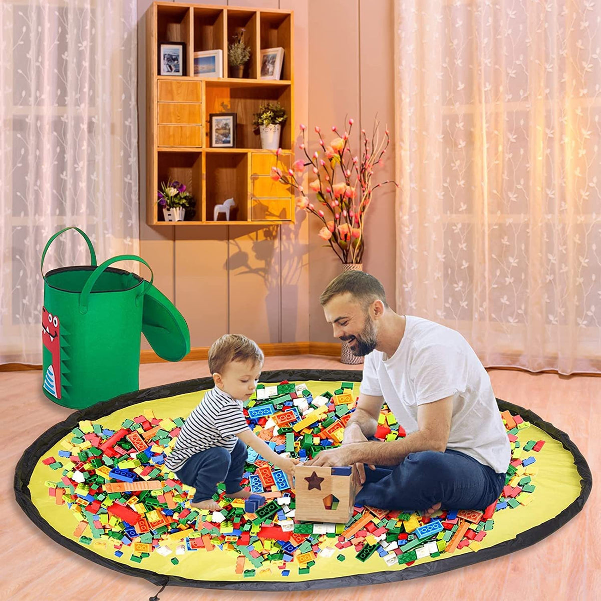 Cutie Depozitare Jucarii si Lego 2In1, Cos cu Covor de Joaca Detasabil, Impermeabila, cu Manere si Sfori, Poliester, 150 cm, Model Crocodil, Verde
