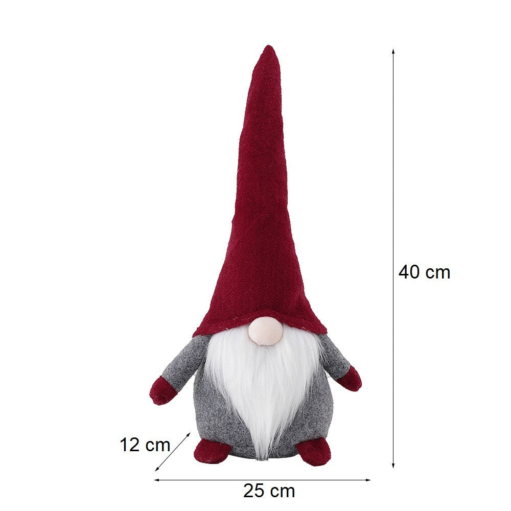 Ornament de Craciun Spiridus, Figurina Decorativa cu Caciula Rosie, Material Textil, Gri si Rosu, 40 cm