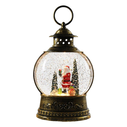Felinar Decorativ Craciun cu Mos Craciun si Zapada in Miscare, Functie Muzicala si Lumini LED Alb Cald, Efect Ninsoare Animat, Alimentare USB sau 3 Baterii AA, Model Vintage Negru-Auriu, 13 x 8 x 21 cm