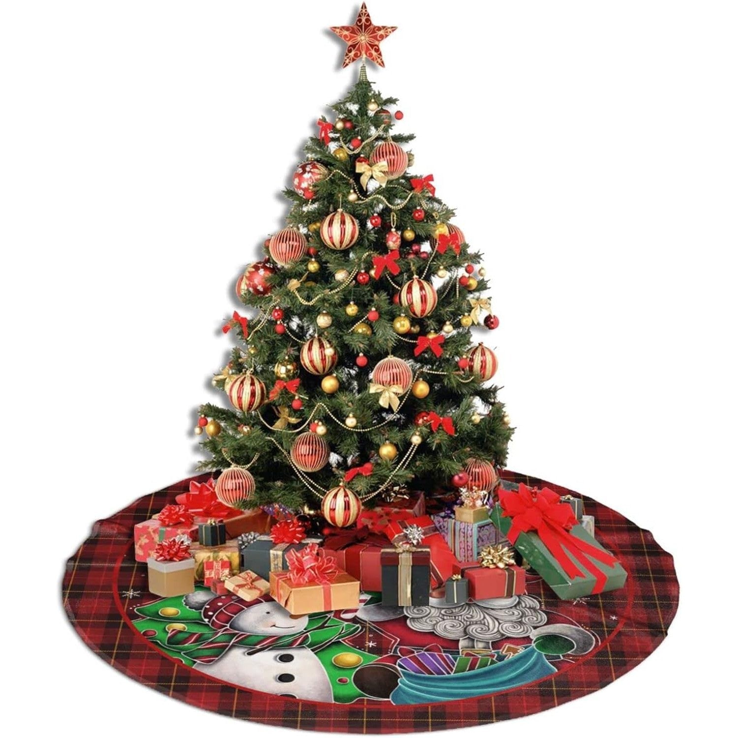 Covoras pentru Brad de Craciun, Model Mos Craciun cu Acadea, Protectie Baza Pom, Material Textil, Diametru 90 cm, Multicolor