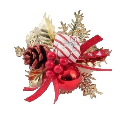 Buchețel Decorativ de Crăciun cu Conuri și Frunze Festive, Ornament de Masă din Plastic, Multicolor Roșu și Auriu, 15 x 23 cm