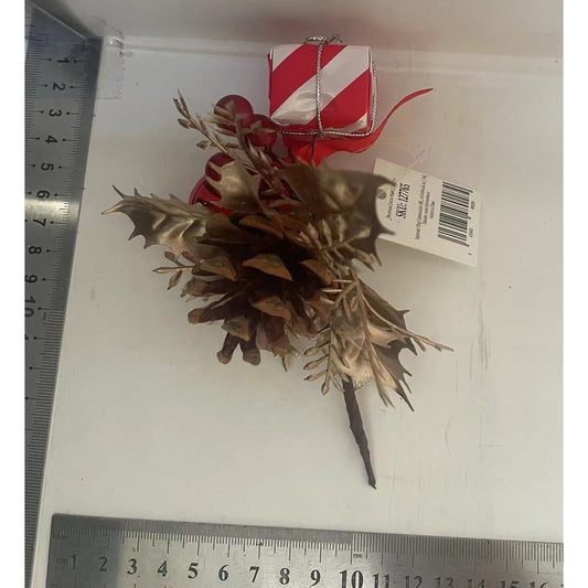 Buchețel Decorativ de Crăciun cu Conuri și Frunze Festive, Ornament de Masă din Plastic, Multicolor Roșu și Auriu, 15 x 23 cm