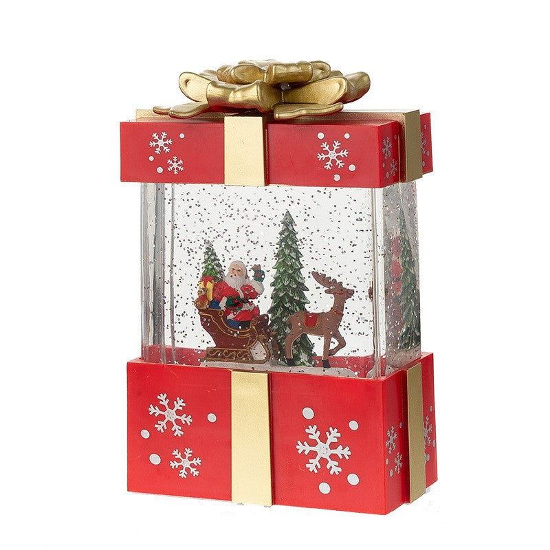 Decoratiune Craciun Muzicala Tip Cutie Cadou, Mos Craciun cu Sania si Zapada in Miscare, Lumini LED Alb Cald, 3 Moduri Functionare, Alimentare USB sau Baterii, Plastic, Rosu si Auriu, 13 x 9 x 19.8 cm