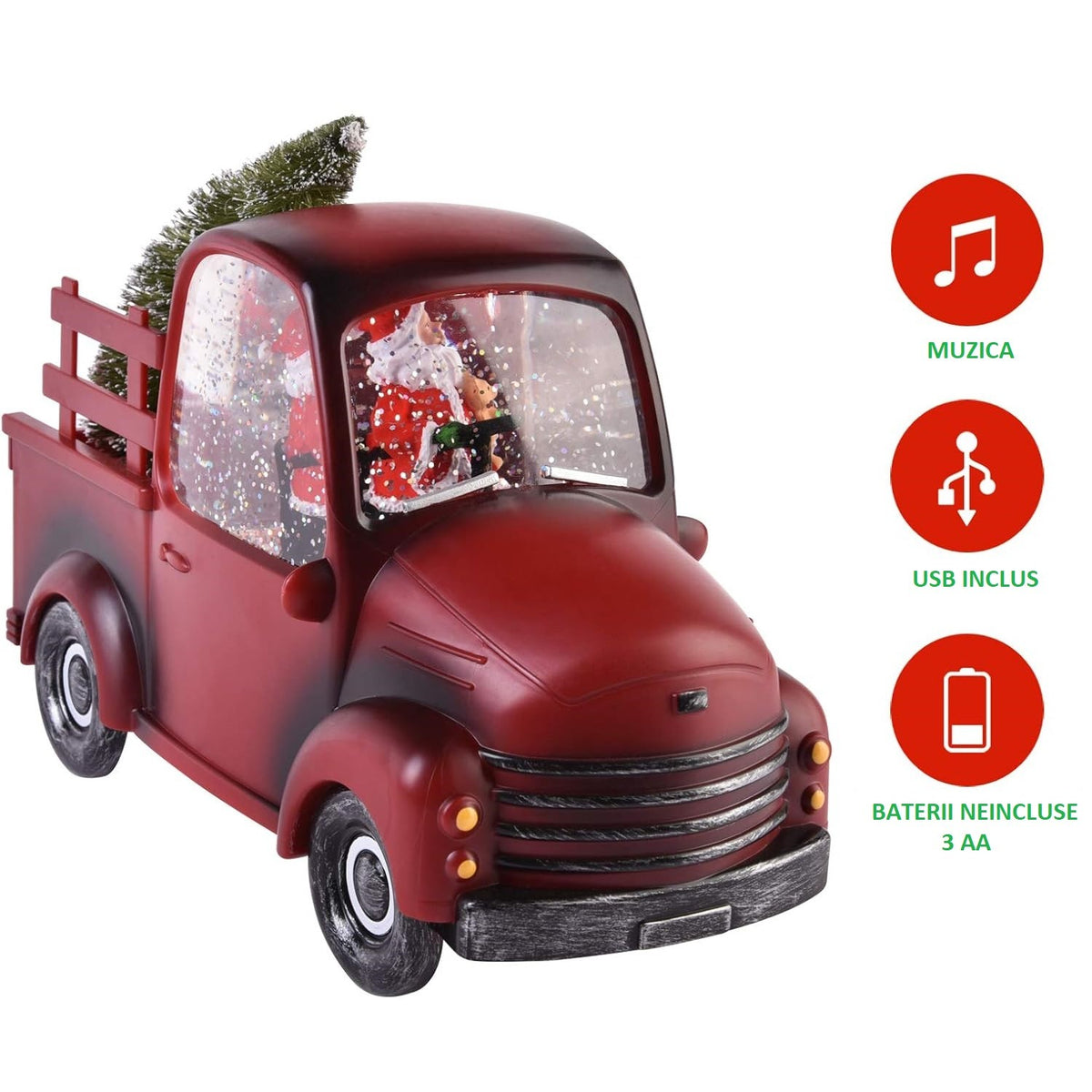 Decorațiune Crăciun Mașină cu Moș Crăciun și Brad, Efect Ninsoare în Mișcare, Muzică și Lumini LED Alb Cald, Alimentare USB sau Baterii, Plastic, Roșu, 24 x 10 x 19 cm
