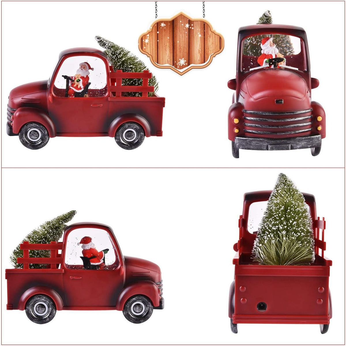 Decorațiune Crăciun Mașină cu Moș Crăciun și Brad, Efect Ninsoare în Mișcare, Muzică și Lumini LED Alb Cald, Alimentare USB sau Baterii, Plastic, Roșu, 24 x 10 x 19 cm
