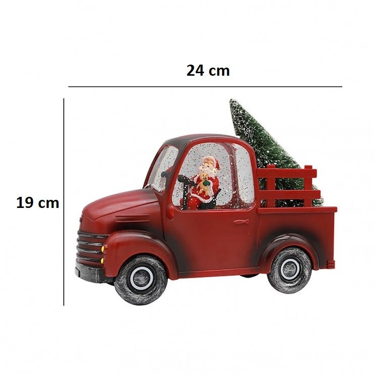 Decorațiune Crăciun Mașină cu Moș Crăciun și Brad, Efect Ninsoare în Mișcare, Muzică și Lumini LED Alb Cald, Alimentare USB sau Baterii, Plastic, Roșu, 24 x 10 x 19 cm