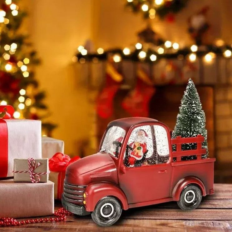 Decorațiune Crăciun Mașină cu Moș Crăciun și Brad, Efect Ninsoare în Mișcare, Muzică și Lumini LED Alb Cald, Alimentare USB sau Baterii, Plastic, Roșu, 24 x 10 x 19 cm