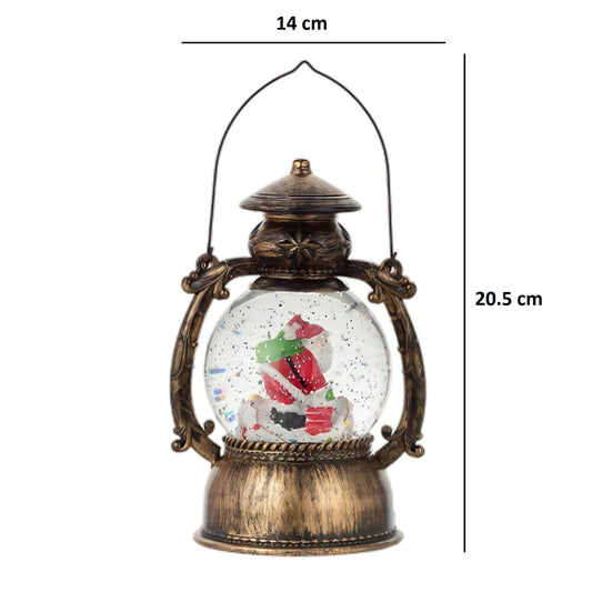 Felinar Decorativ de Craciun, Mos Craciun pe Cos cu Ninsoare Animata, Functie Muzicala si Lumini LED, Alimentare USB sau Baterii, Plastic, Model Vintage Negru-Auriu, 14 x 11 x 20.5 cm