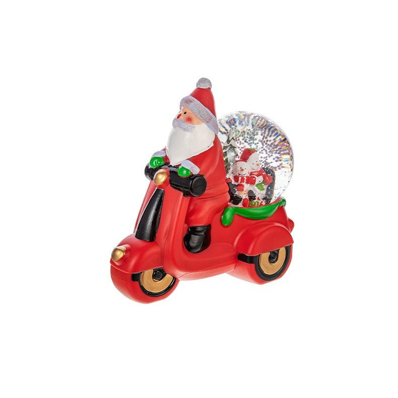 Decoratiune Craciun Tip Motocicleta cu Mos Craciun, Glob Muzical cu Zapada in Miscare, Lumini LED Alb Cald, Alimentare USB sau Baterii, Plastic, 20 x 11.5 x 20 cm, Rosu