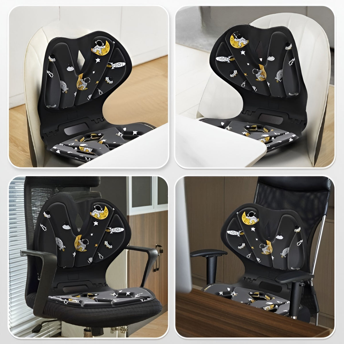 Suport pentru Corectarea Posturii, Spatar Ergonomic pentru Scaun de Birou si Auto, Ameliorare Dureri Lombare, Design Pliabil si Respirabil, Polipropilena si Burete, 35x32x30 cm, Model Rachete, Negru