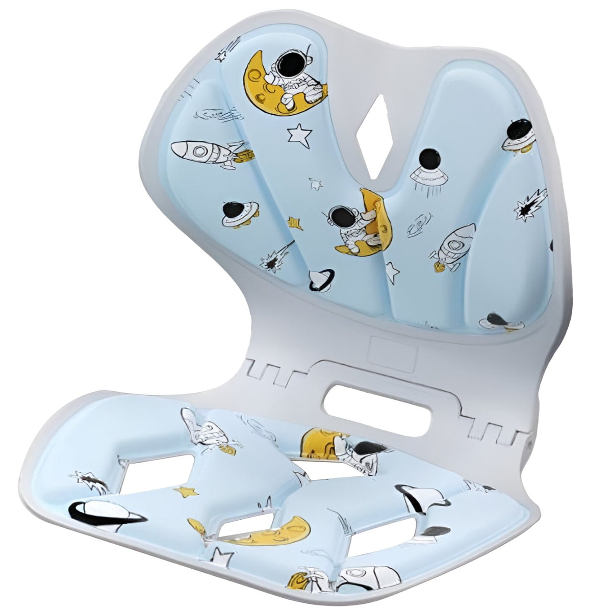 Suport pentru Corectarea Posturii, Spătar Ergonomic pentru Scaun Birou sau Auto, Ameliorare Dureri Lombare, PP și Burete cu Memorie, 35x32x30 cm, Mărime L, Model Rachete, Albastru