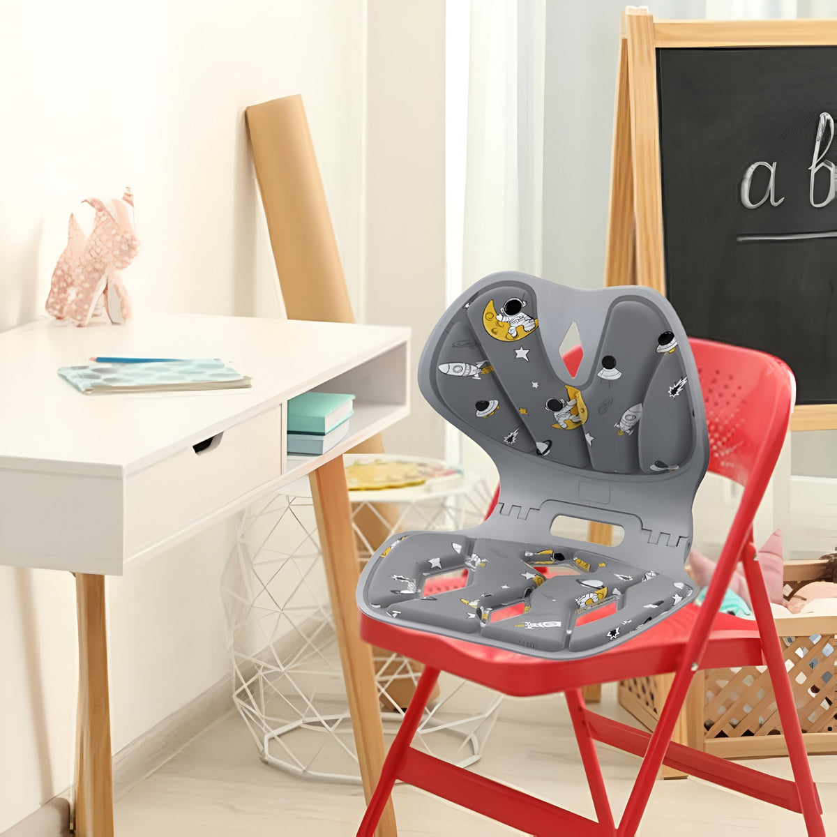 Suport pentru Corectarea Posturii, Spătar Ergonomic pentru Birou și Mașină, Pliabil și Respirabil cu Spumă de Memorie, Model Rachete, Gri, Mărime L, 35x32x30 cm