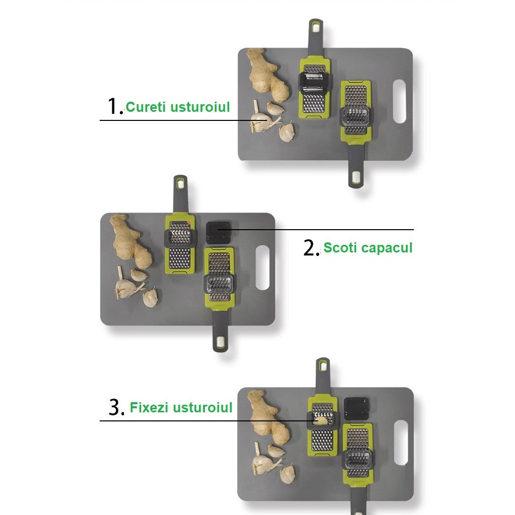 Razatoare Multifunctionala pentru Usturoi, Branza si Cascaval, Design Ergonomic Compact, Material PP si ABS, 20.3 x 5.8 x 3.3 cm, Verde/Gri
