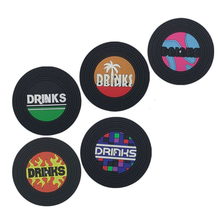 Filppy Set 5 Suporturi pentru Pahare, Model Retro Discuri Vinil, PVC Moale Rezistent la Caldura, Diametru 9 cm, Multicolor