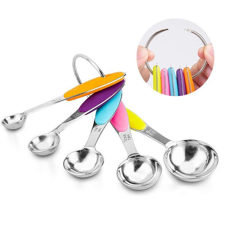 Set de Masurare Bucatarie, 5 Linguri si 5 Cesti Gradate, Manere Ergonomice din Silicon Antiaderent, Otel Inoxidabil, 10 Piese, Multicolor