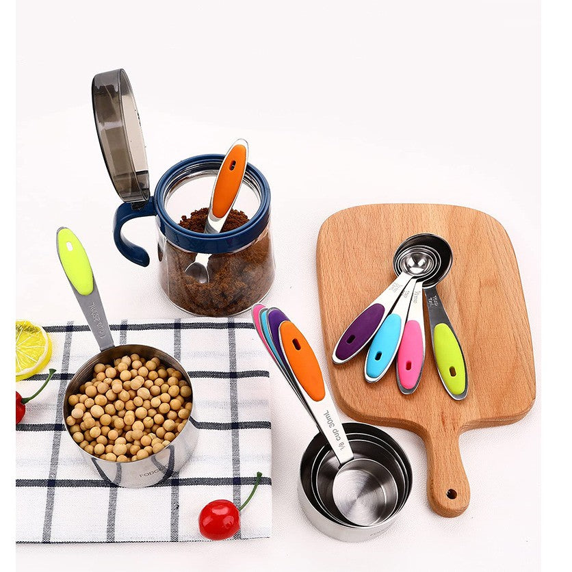 Set de Masurare Bucatarie, 5 Linguri si 5 Cesti Gradate, Manere Ergonomice din Silicon Antiaderent, Otel Inoxidabil, 10 Piese, Multicolor
