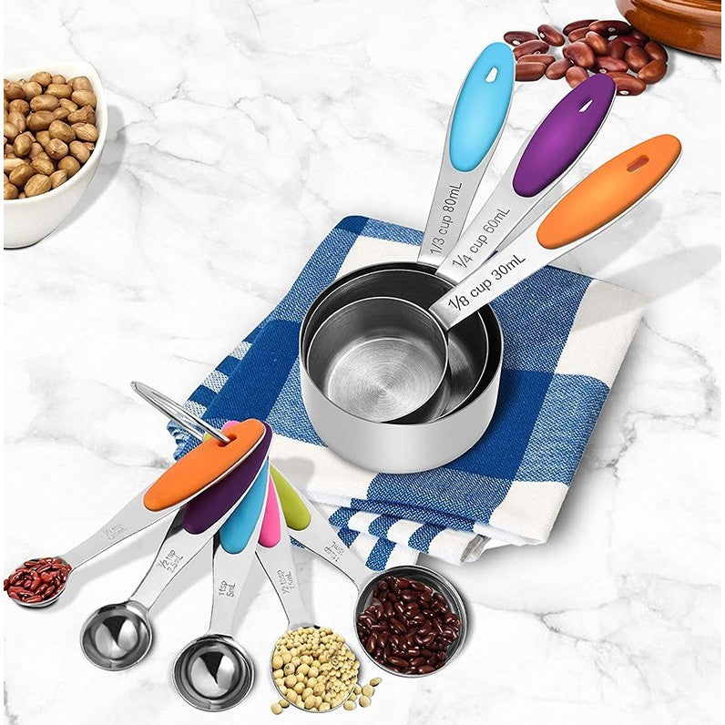 Set de Masurare Bucatarie, 5 Linguri si 5 Cesti Gradate, Manere Ergonomice din Silicon Antiaderent, Otel Inoxidabil, 10 Piese, Multicolor